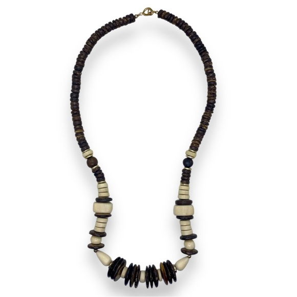 Two-tone Wood Bead Necklace w. Gold Tone Spacers - Picture 7 of 7